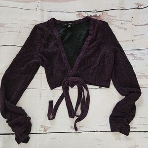 Haute Monde Women's Purple Vneck Tie Closure Long Sleeve Top Size Medium